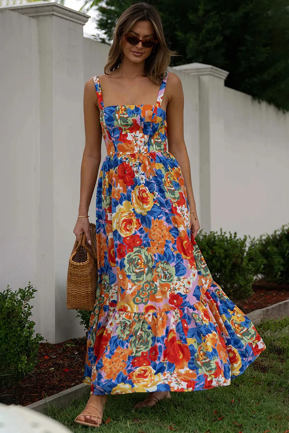 Square Neck Floral Pleated Maxi Dress