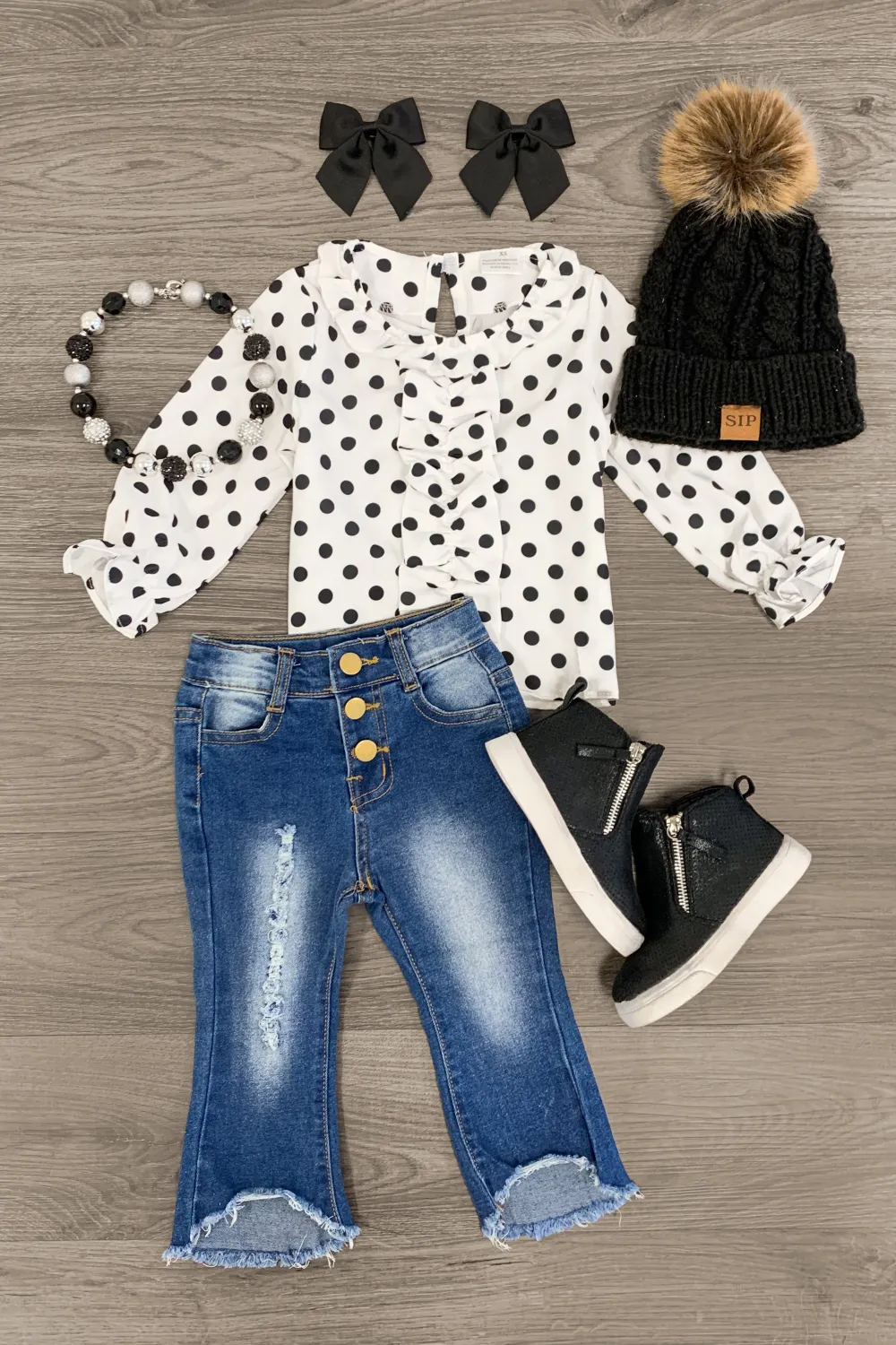 White & Black Polka Dot Denim Pant Set