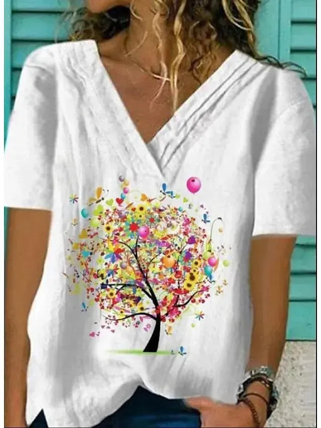 Women's T shirt Tee Yellow Red Blue Floral Print Short Sleeve Holiday Weekend Basic V Neck Regular Floral Painting S