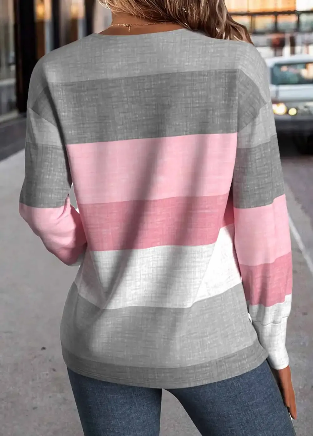 Multi Color Button Geometric Print Long Sleeve T Shirt