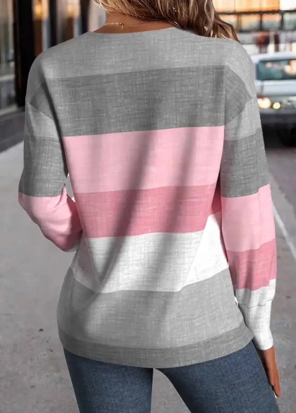 Multi Color Button Geometric Print Long Sleeve T Shirt