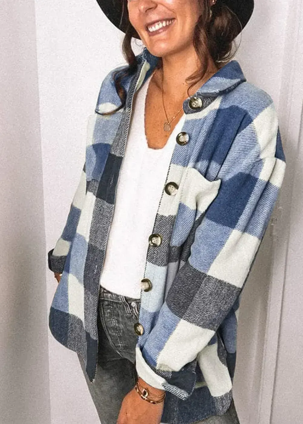 Women's 2023 Fall Clothes Plaid Shacket Jacket Long Sleeve Button Down Flannel Shirts Fashion Blouse