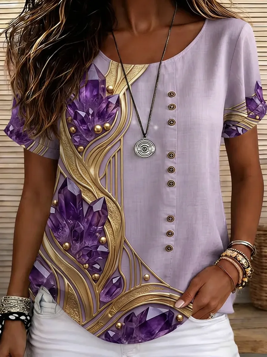 Women's Nashville Crystal Gold Swirl Printed Button Top