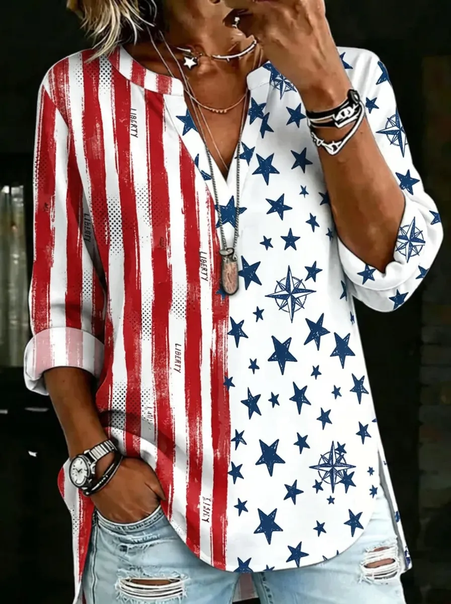 Women's Nashville USA Flag Star Liberty Printed V-neck Shirt