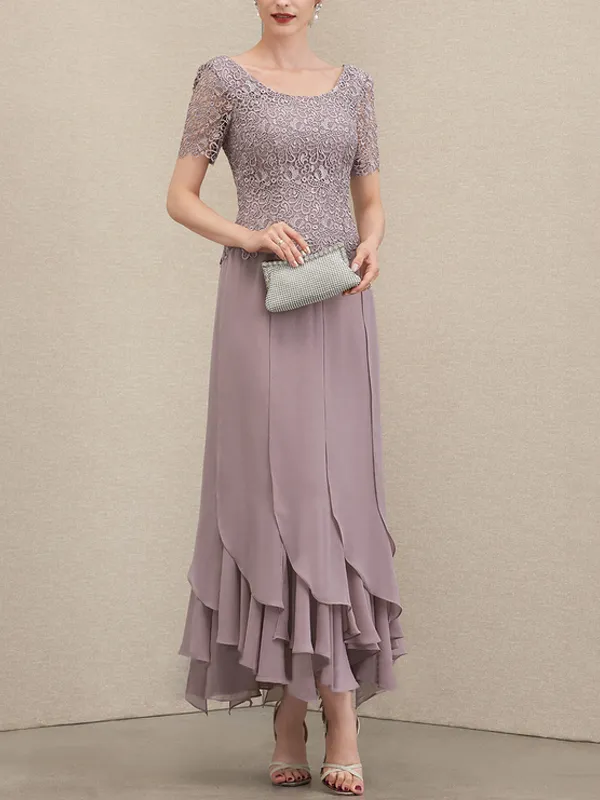 A-Line Scoop Neck Ankle Chiffon Lace Bridal Mom Gown with Layered Ruffles