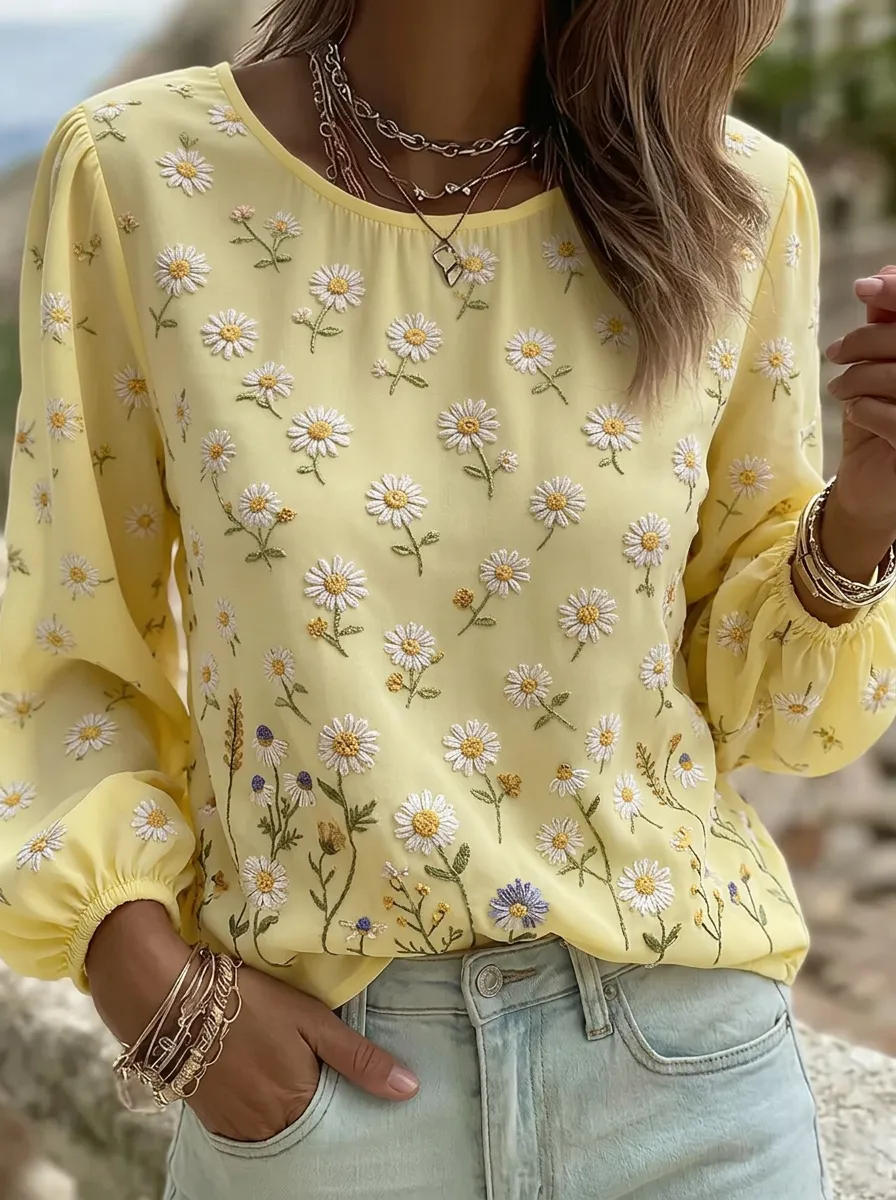 Women's Nashville Floral Daisy Embroidered Printed Long Sleeve Top