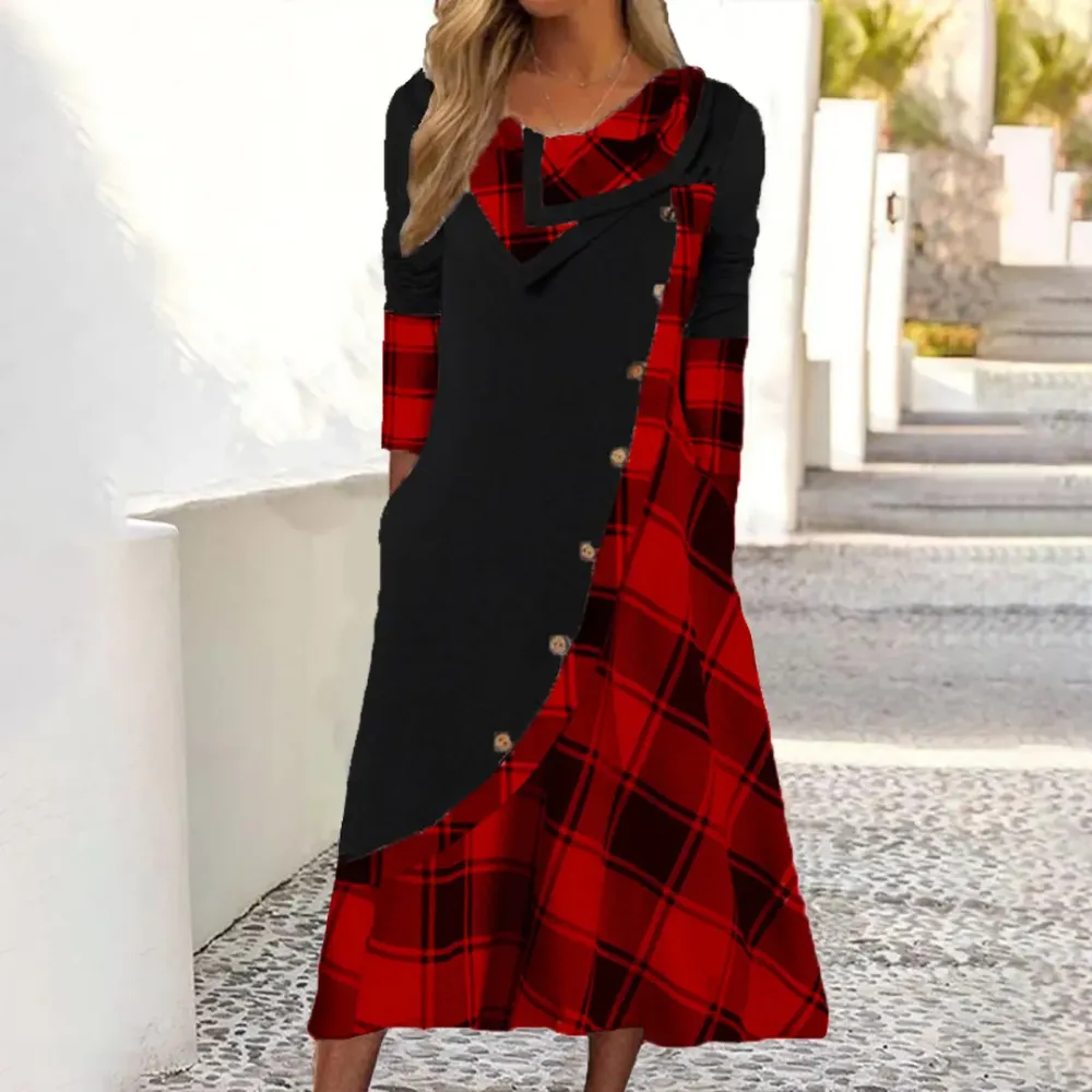 Women's Long Sleeve Scoop Neck Plaid Printed Button Stitching Midi Dress