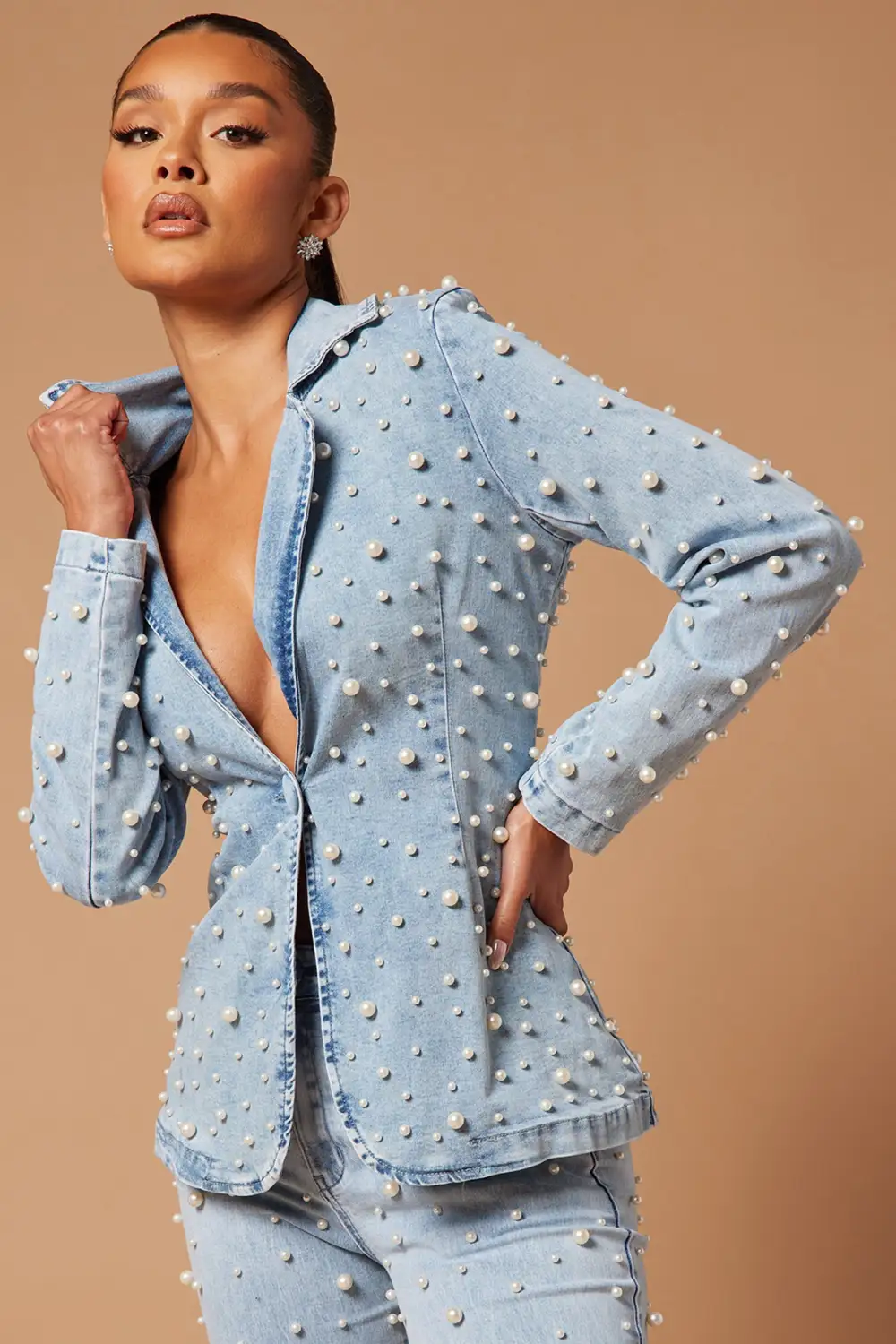 Sandrine Embellished Denim Blazer Set - Blue