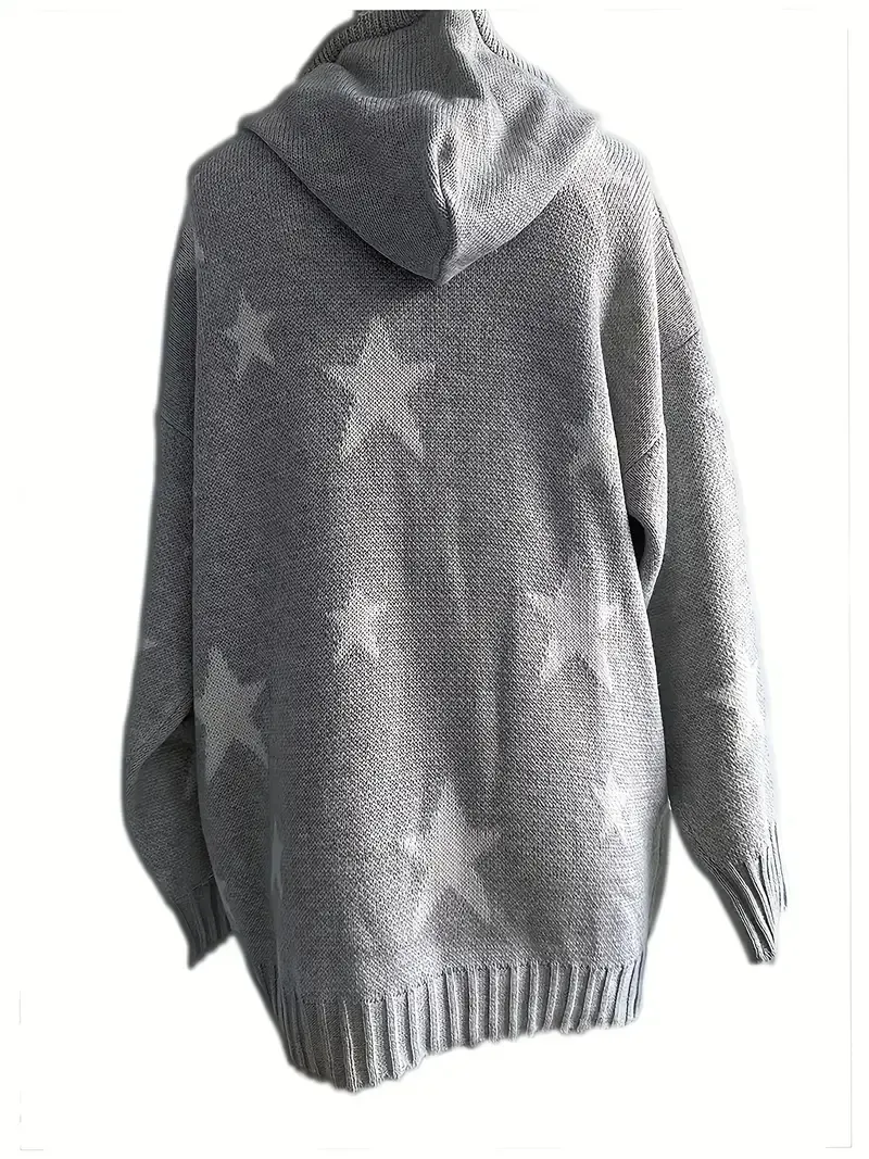 Plus Size Casual Sweater, Women's Plus Star Print Long Sleeve Drawstring Hoodie Sweater With Pockets