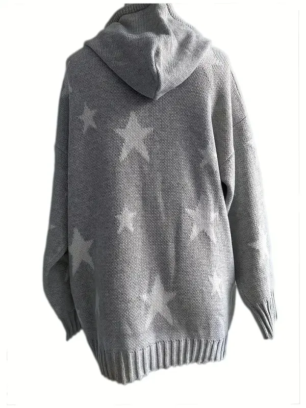 Plus Size Casual Sweater, Women's Plus Star Print Long Sleeve Drawstring Hoodie Sweater With Pockets