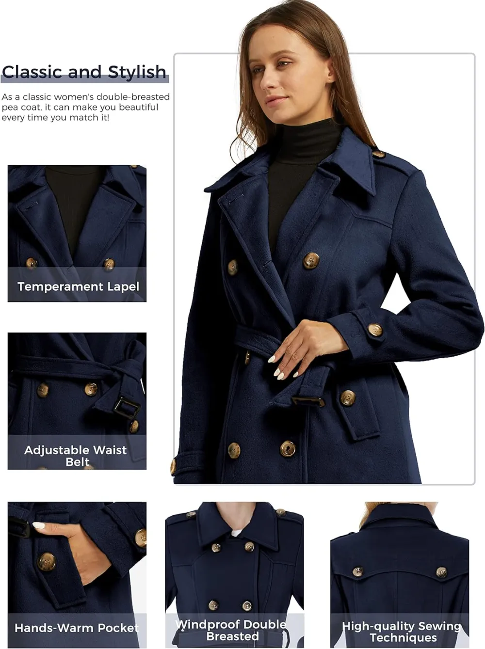 Women's Double Breasted Pea Coat Winter Mid-Long Trench Coat with Belt