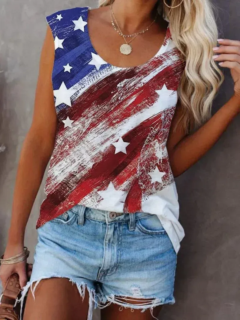 Women Sleeveless Scoop Neck  Star Printed Top
