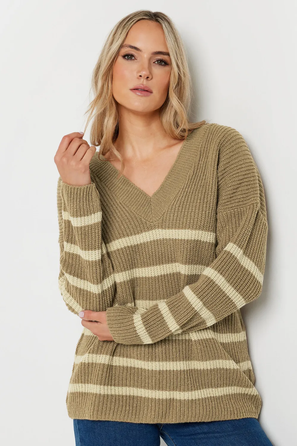 LTS Tall Brown V-Neck Stripe Jumper