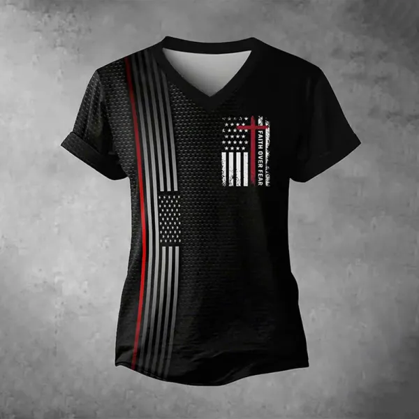 Women's American Flag Faith Over Fear Print Casual T-shirt