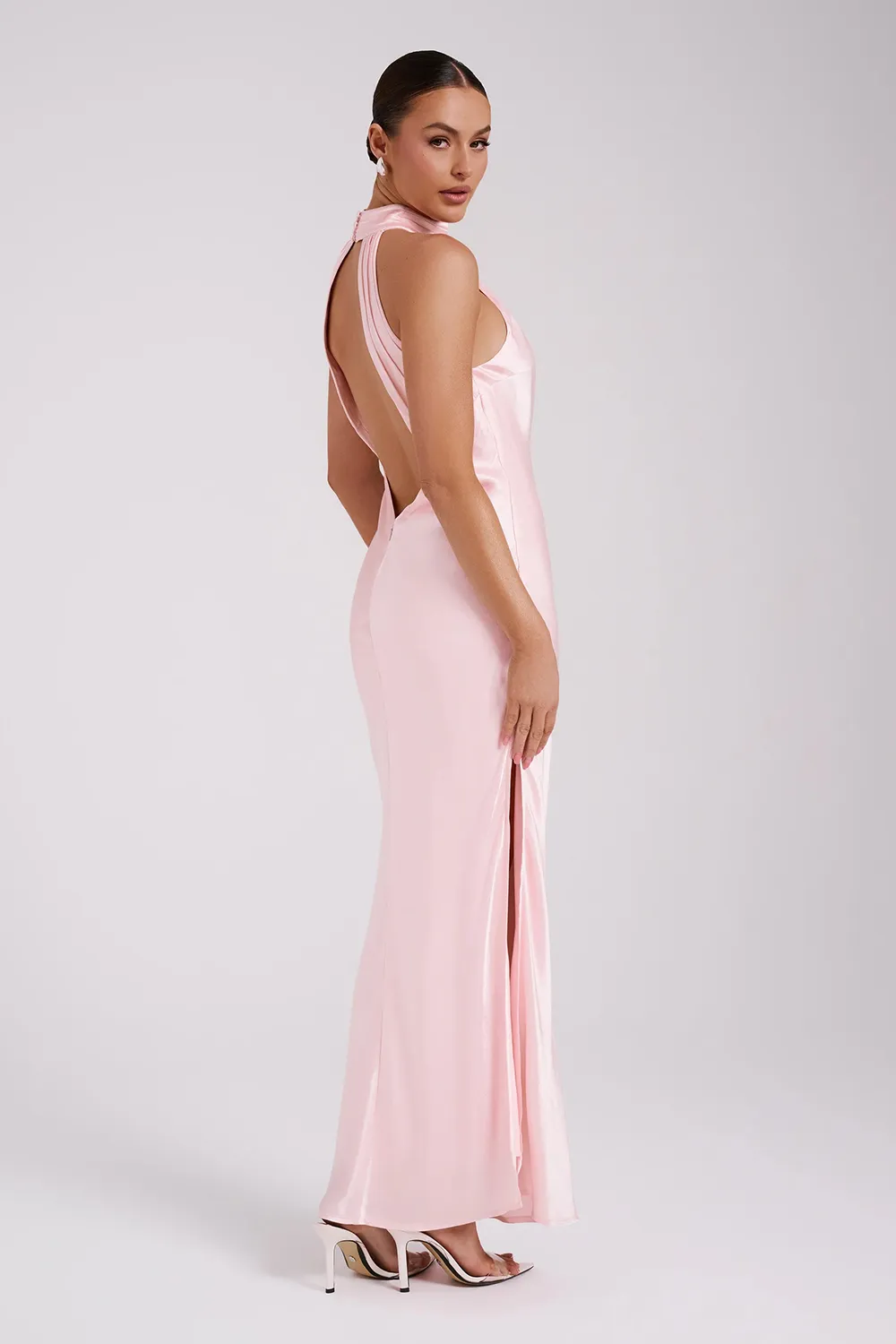 Satin Drape Back Maxi Dress with Split - Black