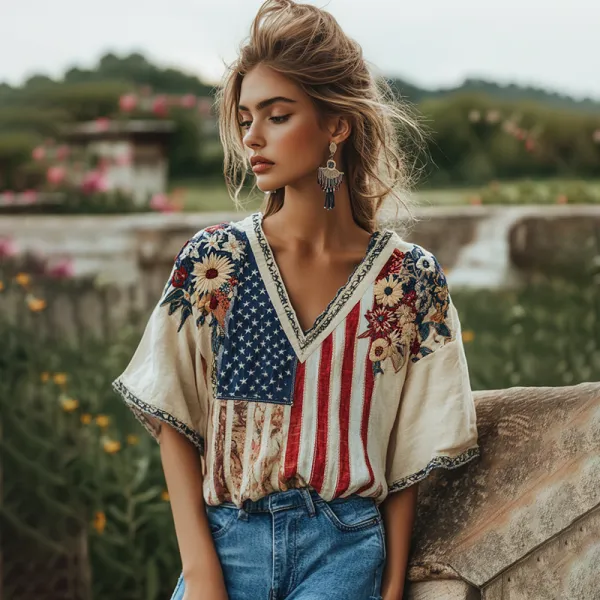 Women's Independence Day Flag Flower Embroidered Art Linen T-shirt