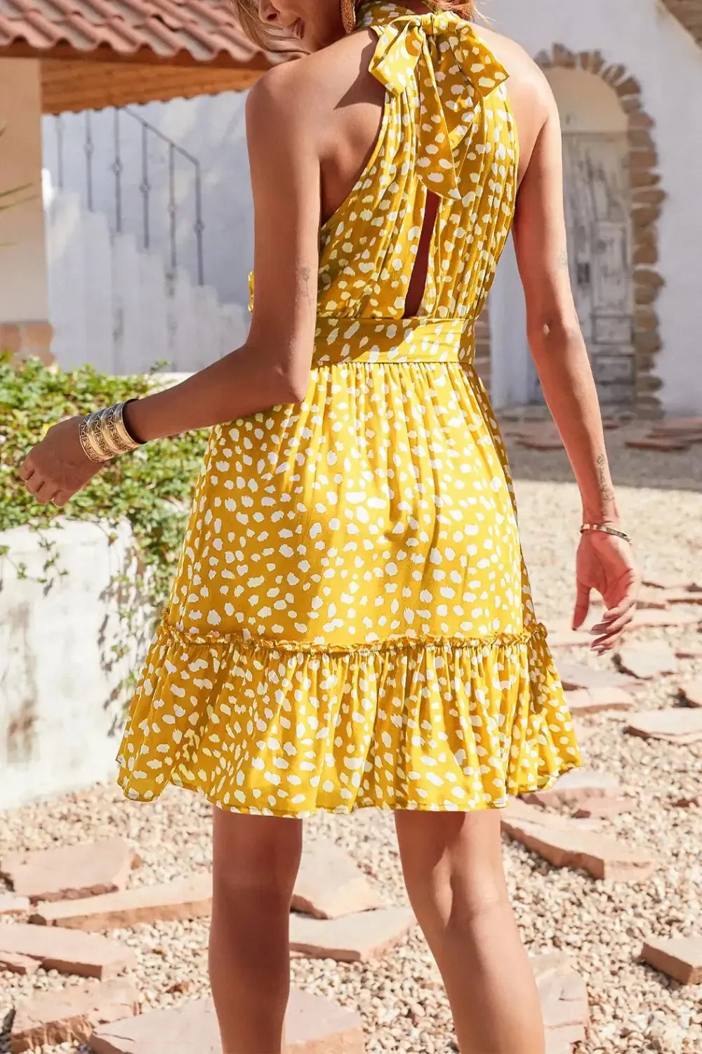 Halter Neck Summer Loose Sleeveless  Ruffle Belt Boho Floral Dress